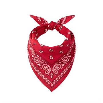 Red bandana with white paisley pattern tied around the neck on a transparent background.