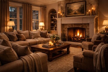 Naklejka premium relaxing lounge space with a traditional fireplace and cushy furniture