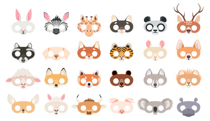 Fototapeta premium Cute animal mask set for kids, colorful cartoon faces including bear, owl, cat, fox and more, isolated on white background