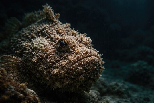 Warty Synanceia verrucosa fish portrait with copy space for text