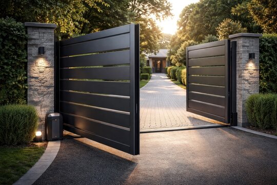 Electric front gate opening smoothly on driveway