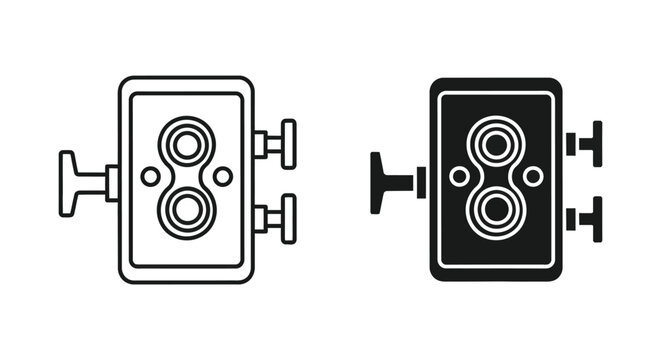 Vintage twin lens reflex camera icon set in outline and solid black vector style
