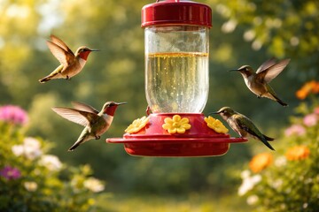 Obraz premium Small birds buzzing around a feeder designed for hummingbird snacks on a bright day