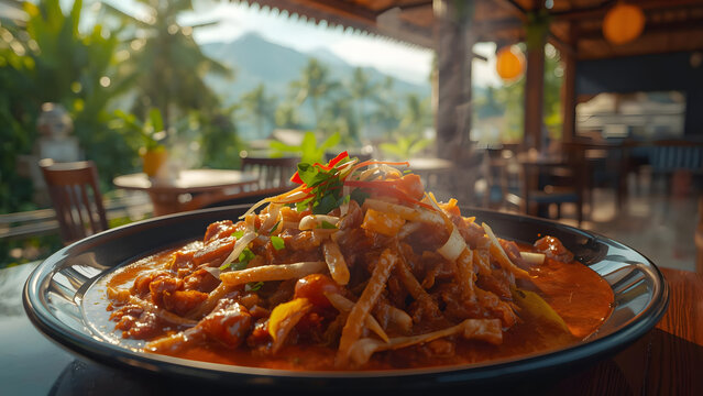 Delicious Asian Noodle Dish Served Outdoors with Tropical Mountain View