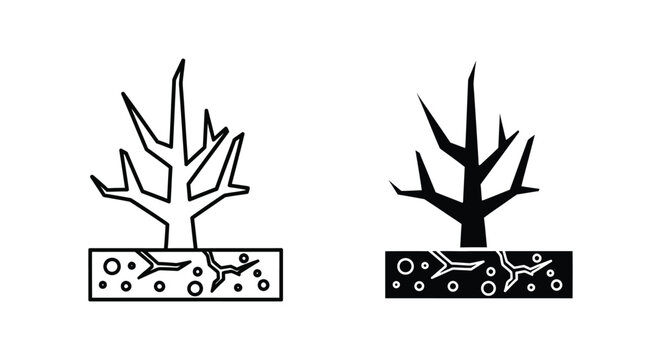 Dead tree on cracked dry ground vector icon set for environmental and climate concepts