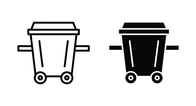 Waste management bin icon set in minimalist line and solid black vector illustration