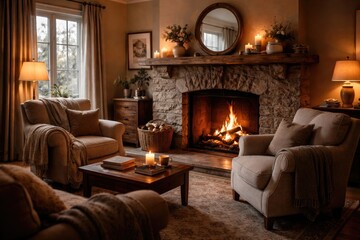 Naklejka premium relaxing sitting room showcasing a crackling fireplace and cozy armchairs