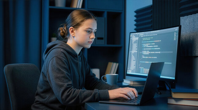 Young female programmer in a hoodie coding on a laptop with an external monitor in a dark home office