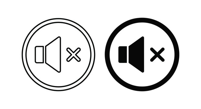 Mute sound or speaker off icon set in outline and solid black vector design style