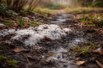 Fototapeta premium Damp garden ground with leftover dirty snow in spring