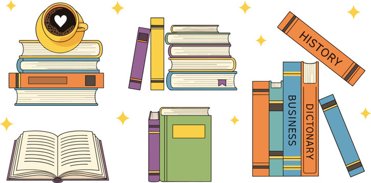Stack of Books and Coffee Cup Cartoon Set with Open Book Dictionary History and Business Textbooks for Education Learning Illustration