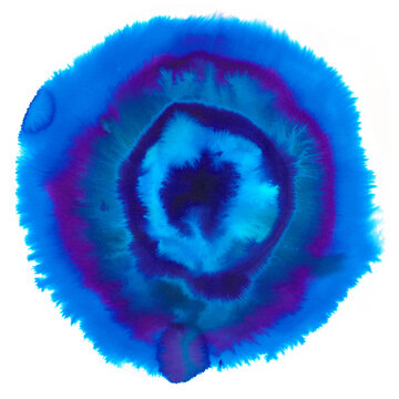 Blue on white. Purple ink dispersion. Round inkblot made with Ecoline. Celestial, Nebula, Deep Space.