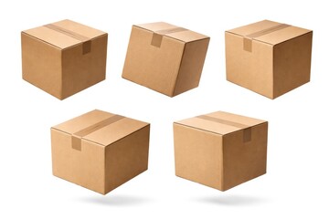 Fototapeta premium five suspended cardboard boxes sealed and isolated on a white backdrop