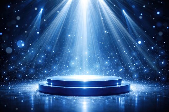 Lighting backdrop featuring a blue podium with sparkling spots and radiant light rays for display