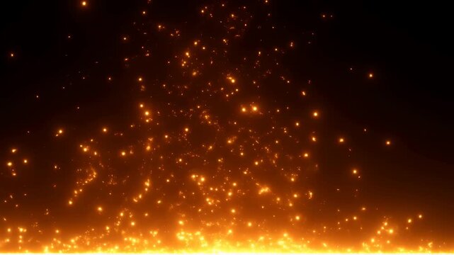 Fiery Embers Climb Into Shadowed Abyss. Luminous Coals Lift Into Black Expanse Overhead Every Night