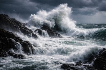 Fototapeta premium wild ocean storm with powerful waves breaking over coastal rocks