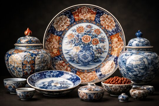 Black background showcasing Japanese antique imari ceramics with gentle blur