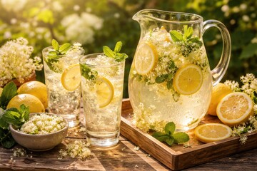 Fototapeta premium Refreshing organic elderflower lemonade with fresh lemons and mint in a cozy summer setting
