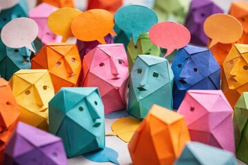 Fototapeta premium Colorful paper origami faces symbolizing varied perspectives on well-being dialogue