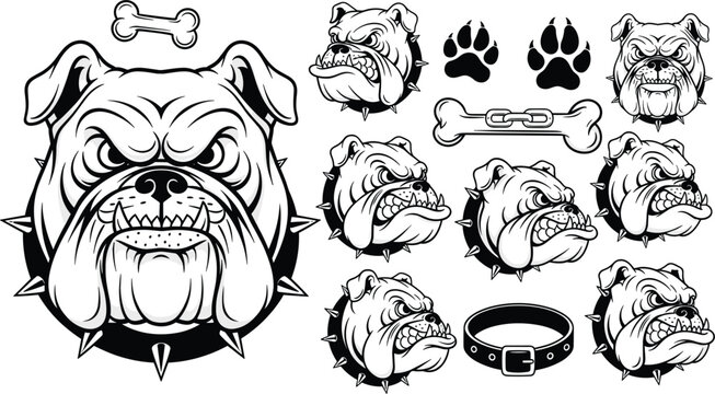 Fierce Bulldog Head Mascot Set with Spiked Collars and Dog Bones Vector Illustration for Sports Team Logos, Gaming Emblems, and Streetwear Apparel Designs