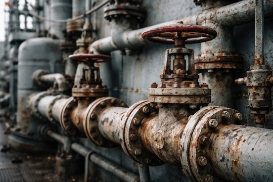 Close-up of globe valves and weathered gray metal pipes in the industrial piping of a decommissioned maritime warship