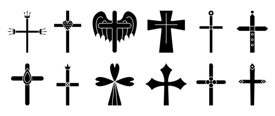 Obraz premium Christian crosses, monochrome black icon set. Decorative sign collection, different isolated religious symbols, christianity various cliparts