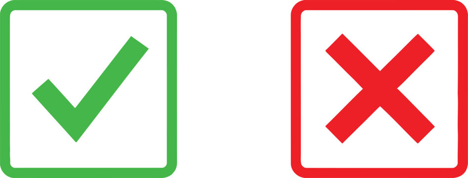 A pair of simple square icons featuring a green check mark and a red cross on white background Vector
