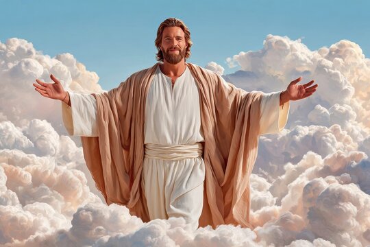 Jesus Christ standing with arms outstretched above heavenly clouds, spiritual and welcoming depiction