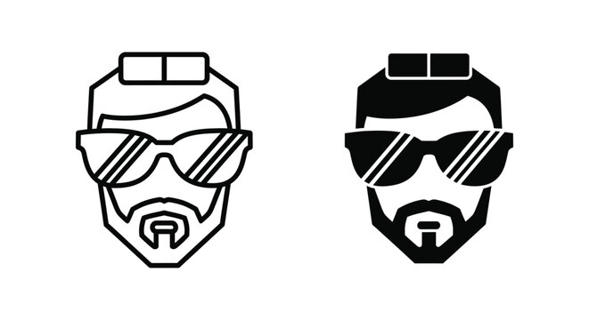 Man with beard and sunglasses icon set in linear and solid black vector portrait style