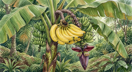 Obraz premium Watercolor banana tree in tropical garden
