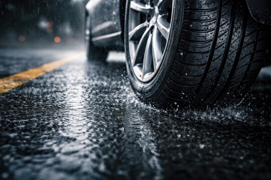 Macro shot of car tires on wet asphalt focusing on safety driving tips and traffic regulations