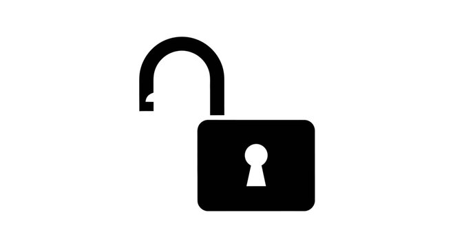A black illustration of an open padlock with a keyhole on a white background.