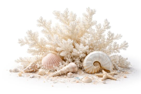 White background showcasing delicate white Sango coral branches with marine mollusks and ecological elements