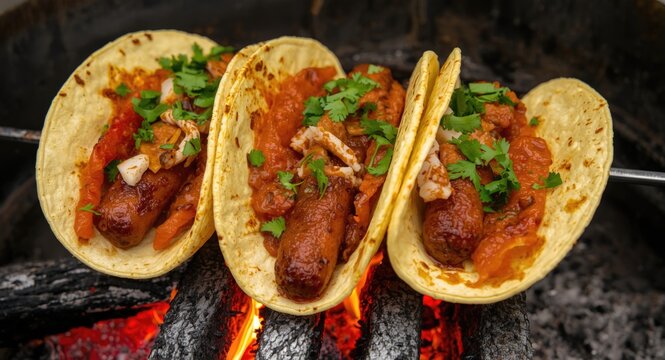 Spicy chorizo and roast meat tacos cooked over embers in Mexican discada fashion