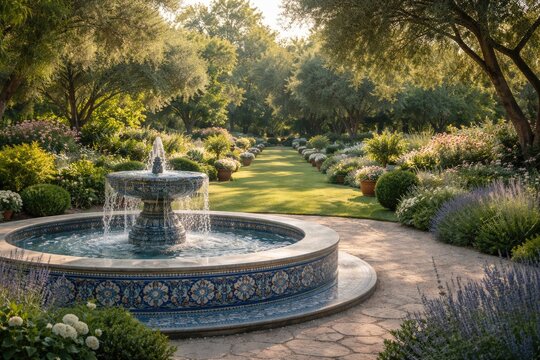 calming garden view with a decorative blue tiled fountain and ample copy space