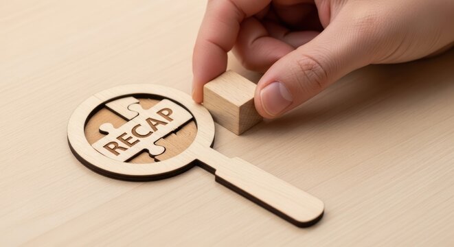 Business recap concept with wooden magnifying glass and puzzle