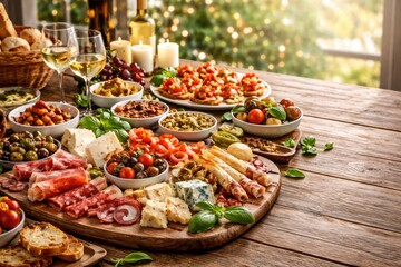 Fototapeta premium Celebration setup showcasing variety of Italian appetizers including antipasti and cheeses with copy space