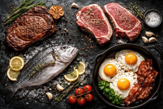 Black stone backdrop featuring an overhead assortment of rib eye dorado pork and eggs