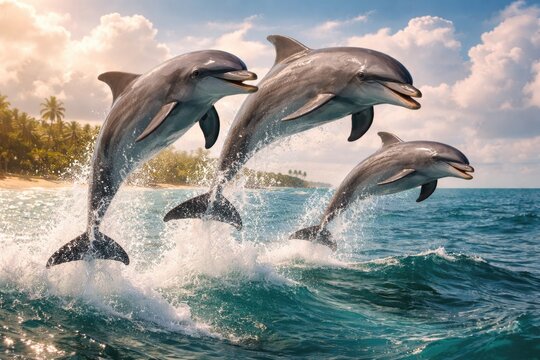 Smart marine dolphins displaying sociable and energetic jumping actions