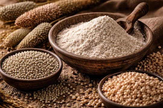 Close-up view of pearl millet and sorghum grains with flour in a rustic bowl