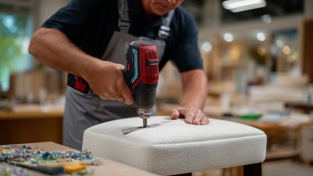 Close-up of a worker using an electric stapler to upholster a chair seat, fabric stretched neatly over foam, workstation with tools and materials visible, highlighting furniture cr