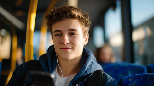Close-up of a young person reading on their phone while seated in priority area, calm and composed, interior of bus in soft light, highlighting invisible illnesses and need for und
