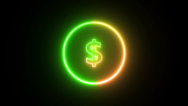Neon dollar sign glowing in circular frame with green and orange lights moving around currency symbol on black background during financial motion video.