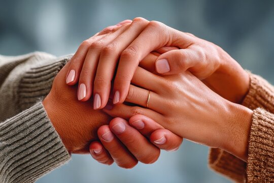Couple holding hands in intimate close-up showing love, support and commitment with wedding ring