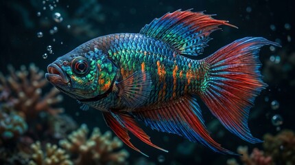 Fototapeta premium Close-up side view of a vibrant, iridescent tropical fish swimming in a dark underwater aquarium environment with air bubbles