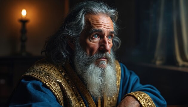 Elderly wise man with long grey beard and blue eyes sits in blue gold robes. He looks thoughtfully with candle light illuminating him. Scene shows wisdom.