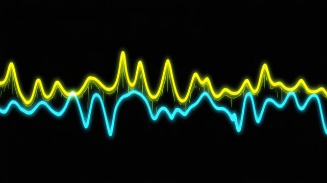 Abstract digital graphic with two oscillating waves in neon yellow and blue against black