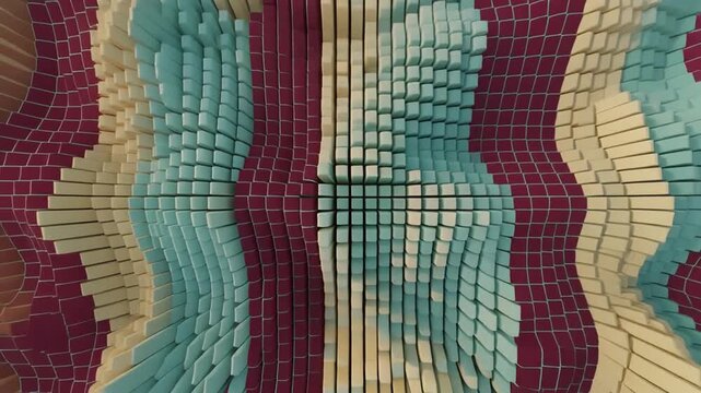 Abstract 3D rendering with grid overlays, featuring blocks of varying colors and dimensions
