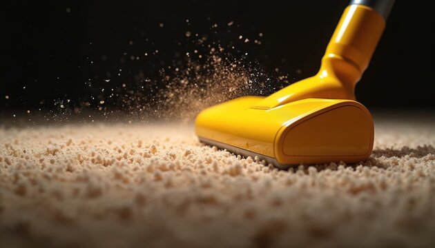 Yellow vacuum cleaner head sucks dirt particles off beige carpet fibers. Close view shows dust flying up from powerful suction. Home cleaning appliance ensures spotless floor.