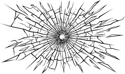 Cracked glass with sharp shards radiating from central impact point © Firdaus